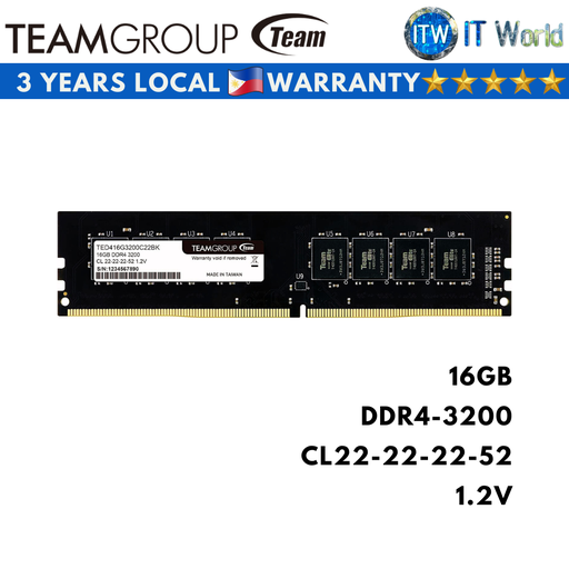 [TED416G3200C2201] Teamgroup Elite DDR4-3200Mhz CL22-22-22-52 Desktop Memory (16GB)