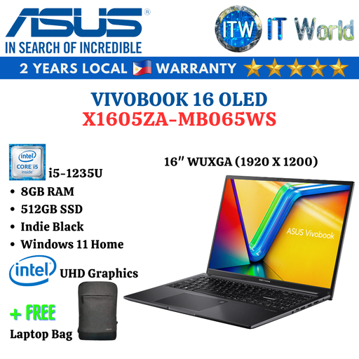[X1605ZA-MB065WS] Asus Vivobook 16 OLED 16&quot; i5-1235U, WUXGA, 8GB RAM, 512GB SSD Laptop ITWorld (X1605ZA-MB065WS)