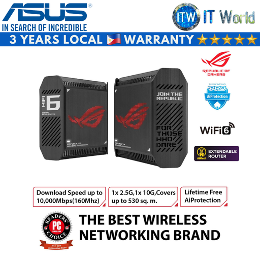 [GT6 BLACK] ASUS ROG Rapture GT6 Wifi 6 Tri-Band Gaming Mesh Router System (Black/White) (Black) (Black)