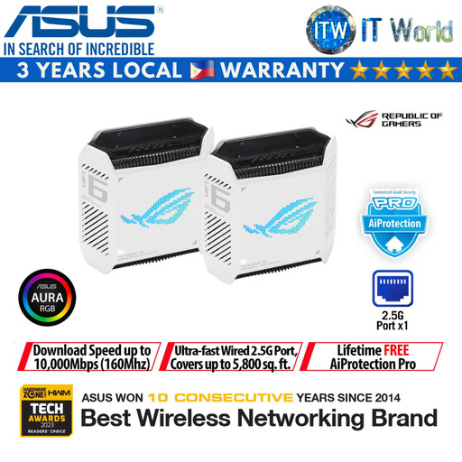 [GT6 WHITE] ASUS ROG Rapture GT6 Wifi 6 Tri-Band Gaming Mesh Router System (Black/White) (White) (White)