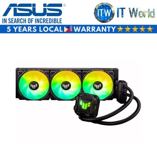 [TUF GAMING LC II 360 ARGB] ASUS TUF GAMING LC II 360 ARGB all-in-one liquid CPU cooler with 400mm tubing, three 120mm fans, brighter ARGB lighting, and Intel LGA 1700, 1200, 115x, and AMD AM5 and AM4 socket compatibility.