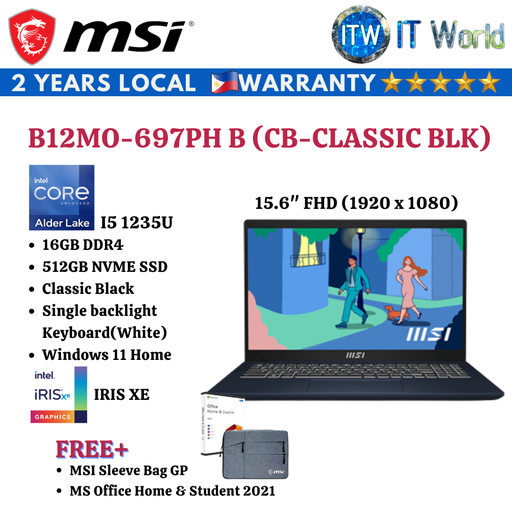 [B12MO-697PH B (CB-Classic Blk)] MSI Modern 15 B12MO-697PH B | I5 1235U | DDR4 16GB | 512GB SSD | IRIS XE Laptop IT (CB-Classic Blk)