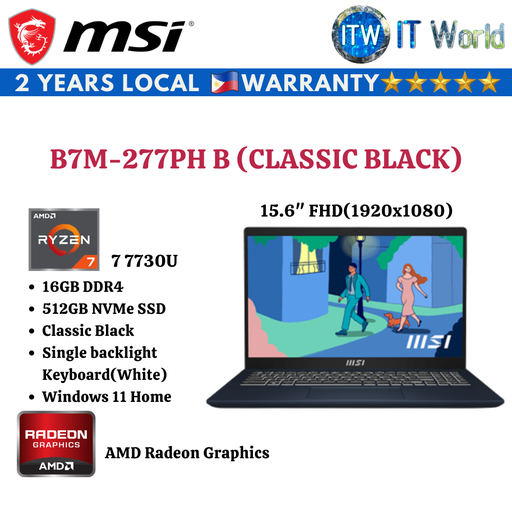 [B7M-277PH B (Classic Black)] MSI Modern 15 B7M-277PH B | 7 7730U | DDR4 16GB | 512GB  SSD | AMD Laptop ITWorld (Classic Blk)