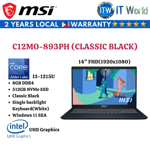 [C12MO-893PH (Classic Black)] MSI Modern 14 C12MO-893PH | i3-1215U | DDR4 8GB | 512GB SSD | UHD Graphics Gaming Laptop IT World