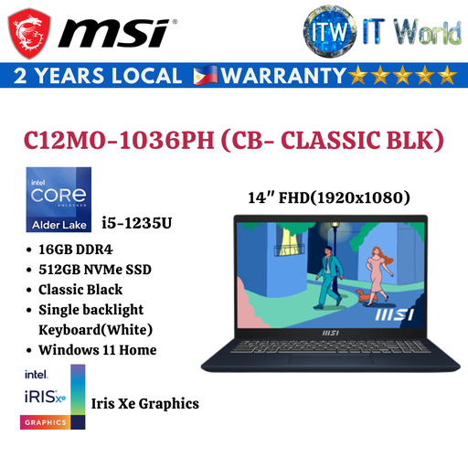 [C12MO-1033PH (Classic Black)] MSI Modern 14 C12MO-1033PH | i5-1235U | DDR4 16GB | 512GB SSD | Iris Xe Laptop IT World(Classic Blk)