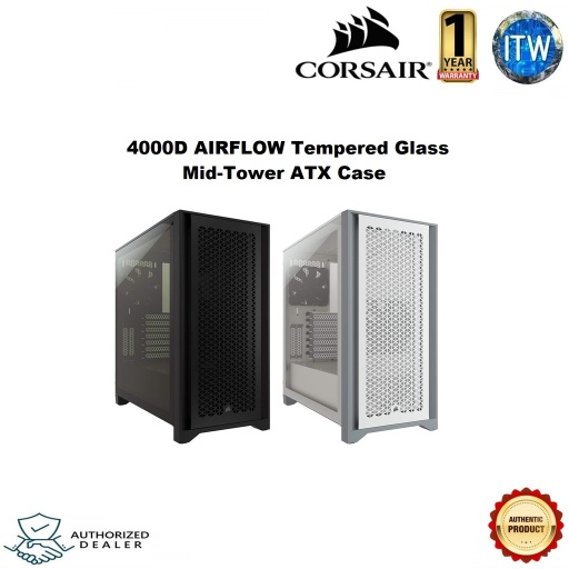 [CORSAIR 4000D AIRFLOW - WHITE CC-9011201-WW] CORSAIR 4000D AIRFLOW Tempered Glass Mid-Tower ATX PC Case (White)