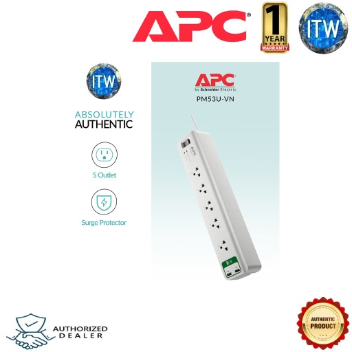 [APC PM53U-VN] APC PM53U-VN APC Home/Office SurgeArrest 5 Outlet 3 Meter Cord with 5V, 2.4A 2 Port USB Charger 230V (White)
