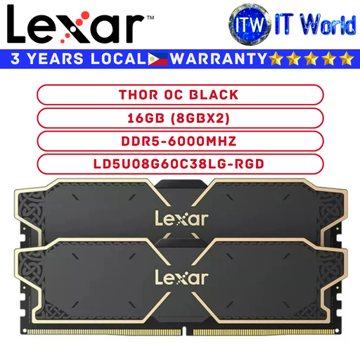[LD5U08G60C38LG-RGD] Lexar DDR5 16GB (8GBx2) 6000Mhz Thor OC Black UDIMM Desktop Memory (LD5U08G60C38LG-RGD)