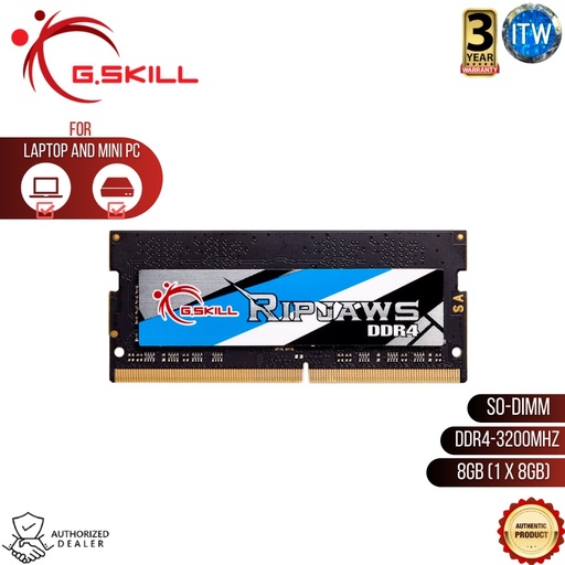 [F4-3200C22S-8GRS] GSKILL Ripjaws 8GB (1x8GB) DDR4-3200MHz CL22-22-22 1.20V SO-DIMM Memory (F4-3200C22S-8GRS)