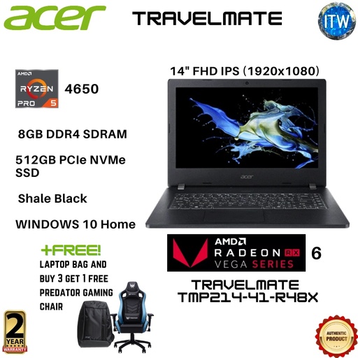 [TMP214-41-R48X] Acer Travelmate TMP214-41-R48X, AMD Radeon RX Vega 6, AMD Ryzen 5 PRO 4650, Notebook Laptop ITWorld