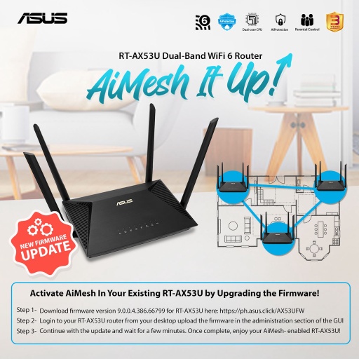 [RT-AX53U] ASUS RT-AX53U (AX1800) Dual Band WiFi 6 Extendable Router, Subscription-free Network Security, Instant Guard, Parental Control, Built-in VPN, AiMesh Compatible, Gaming &amp; Streaming, Smart Home, USB