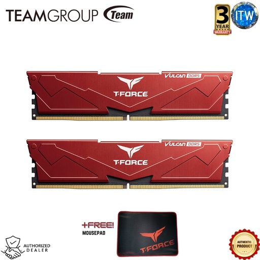 [FLRD532G5200HC40CDC01 + T-Force Mouse pad] TEAMGROUP T-Force Vulcan DDR5 32GB (2x16GB) 5200MHz PC5-41600 CL40 Memory (FLRD532G5200HC40CDC01) (Gloss Red, Large)