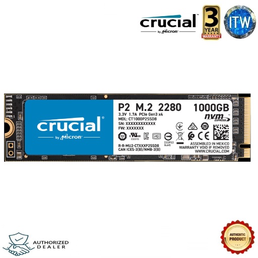 [CT1000P2SSD8] Crucial P2 1TB M.2 NVMe SSD 2280 3D NAND PCIe Gen3x4 Solid State Drive (CT1000P2SSD8) (Black, 1TB)