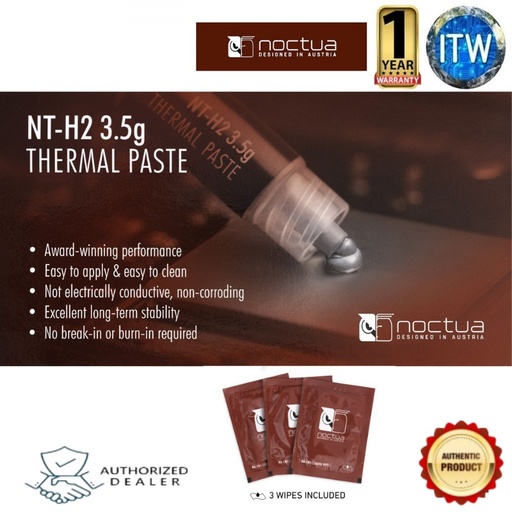 [Noctua NT-H2 3.5G] ITW | Noctua NT-H2 3.5g, Pro-Grade Thermal Compound Paste WITH 3 Cleaning Wipes (3.5g)