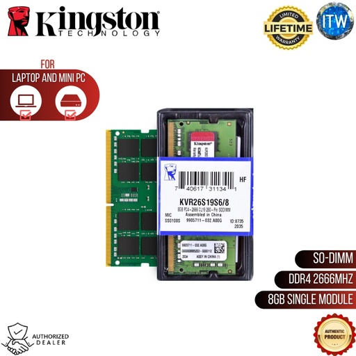 [KVR26S19S6/8] Kingston 8GB DDR4 2666Mhz Non ECC Memory RAM SODIMM (KVR26S19S6/8)