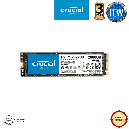 [CT2000P2SSD8] Crucial P2 2TB PCIe M.2 2280SS SSD - PCIe NVMe Gen 3 | 2,400 MB/s Read, 1900 MB/s Write | CT2000P2SSD8 (Black, 2TB)