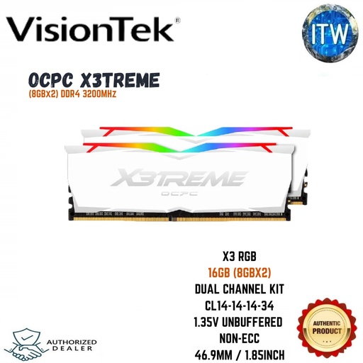 [MMX3A2K16GD432C16CW] VisionTek OCPC X3TREME RGB AURA 16GB DDR4 3200MHz (8GBx2) Kit White