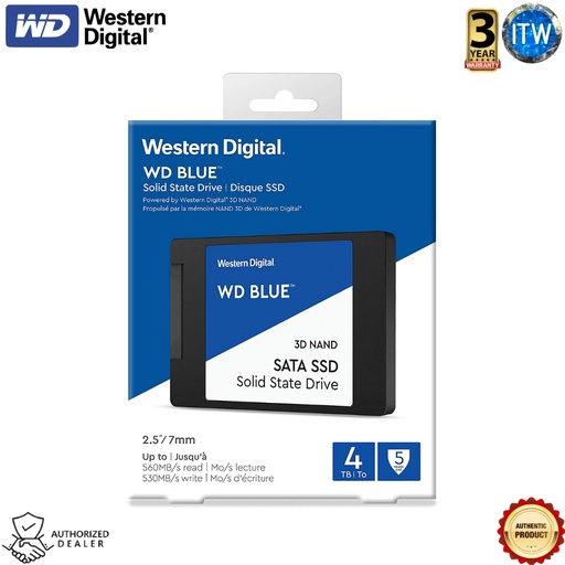 [WDS400T2B0A] Western Digital 4TB WD Blue 3D NAND Internal PC SSD - SATA III 6 Gb/s, 2.5&quot;/7mm, Up to 560 MB/s - WDS400T2B0A