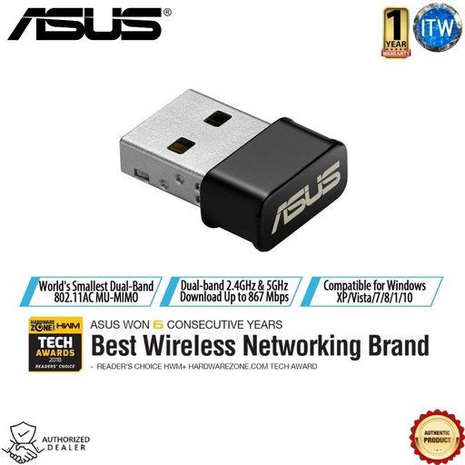[USB-AC53] Asus USB-AC53 Nano - AC1200 Dual-band USB Wi-Fi Adapter (USB-AC53) (Silver WH1997S)