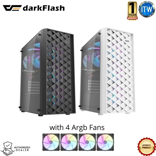 [DK351-black] DarkFlash DK351 - Tempered Glass Mid-Tower Gaming Case w/4pcs ARGB fans - Black Edition (Black)