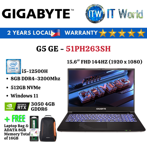 [GS-G5-GE-51PH263SH] Gigabyte G5 GE - Nvidia Rtx 3050, Intel Core i5-12500H, Notebook Laptop ITWorld (GS-G5-GE-51PH263SH)