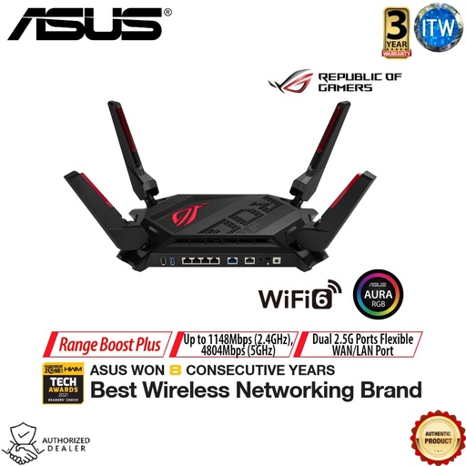[ROG Rapture GT-AX6000] ASUS ROG Rapture GT-AX6000 Dual-Band WiFi 6 Extendable Gaming Router, Dual 2.5G Ports, Triple-level Game Acceleration, Mobile Game Mode, Aura RGB, Subscription-free Network Security, AiMesh Compatible