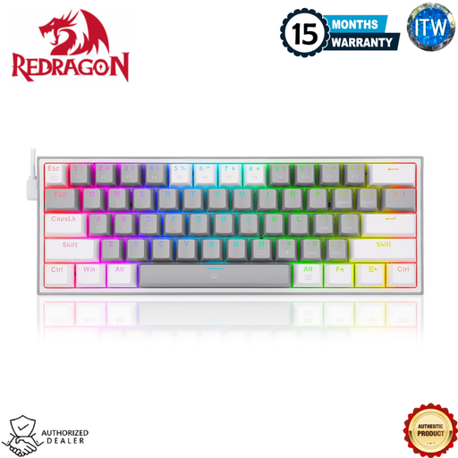 [K617 FIZZ (GREY WHITE)] Redragon K617 FIZZ RGB - 61 Keys, 60% Wired Gaming Mechanical Keyboard (Dust Proof)
