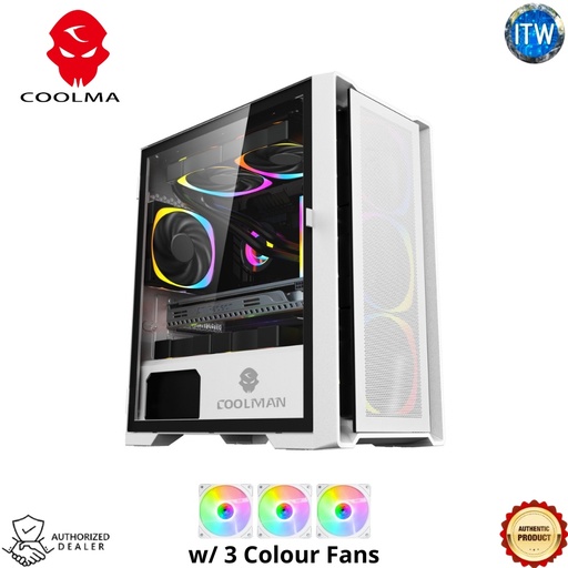 [Ruby-White] Coolman Ruby PC Cases with 3 Colour Fans - in Black and White (White)